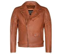 Mens Cross Zip Tan Brown Leather Retro Quilted Biker Jacket