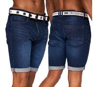 Mens Crosshatch Stretch Denim Belted Shorts Knee Length Roll Up Slim Pants