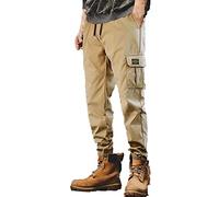 Men's Cuffed Cargo Trousers Elasticated Waist Tracksuit Bottoms Comfortable Breathable Joggers Drawstring Cargo Pants Multi Pockets Casual Combat Trousers Loose Fit Work Pants Khaki