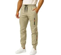 Mens Cuffed Cargo Trousers Slim Fit Stretch Combat Trousers Multipockets Joggers Elasticated Waist Tracksuit Bottoms Comfortable Cargo Sweatpants Drawstring Casual Pants Beige