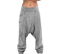 Mens Cuffed Yoga Harem Pants Elasticated Waist Joggers Bottoms Drawstring Low Crotch Trousers Light & Breathable Pant Track Bottom Casual Linen Trousers Hippy Pants, Grey #1, S