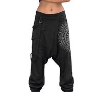 Mens Cuffed Yoga Harem Pants Elasticated Waist Joggers Bottoms Drawstring Low Crotch Trousers Light & Breathable Pant Track Bottom Casual Linen Trousers Hippy Pants, Black #1, L