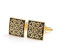 Men's Cufflink Set, Square Gold Pattern Black Background Retro Cufflinks, Paired with Gift Box, Suitable for Wedding, Party, Business, Birthday, Anniversary and other Formal Occasions as Accessory