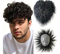 Men's Curly Hair Toupee, 15cm Uncut Raw Hair Replacement System, 0.1mm Ultra-Thin Bio Scalp PU Base, Hand-Tied Real Human Hair Wig for Men, Invisible Natural Hairpiece for Baldness