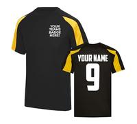 Mens Custom Football Shirt Activewear Sunday League Pub Team Kit 5 7 11 a Side Club Shirts Personalised Name and Number, XL, Jet Black/Gold