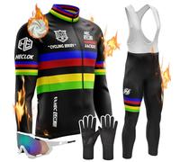 Men's Cycling Suit, Winter Long Sleeve Cycling Jersey Set Men Warm Bicycle Clothes, 9D Padded Bib Tight for MTB Bike Riding Clothing Bicycle Shirt, Thermal, Windproof (TYP-2,XXL)
