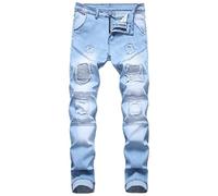 Men's Cycling Zip Slim Jeans Jeans Trousers Patch Classic Straight Patch Stretch Slim Casual Washed Jeans, Baby Blue, 28