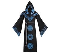 Mens Dark Wizard Costume Mystic Sorcerer Robe Renaissance Vintage Medieval Devil Wizard Hooded Cloak Cape with Lightning Pattern Halloween Costume Gown (Blue, S)