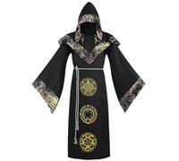 Mens Dark Wizard Costume Mystic Sorcerer Robe Renaissance Vintage Medieval Devil Wizard Hooded Cloak Cape with Lightning Pattern Halloween Costume Gown (Yellow, 3XL)