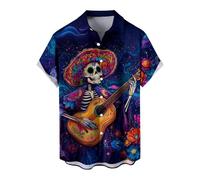 Men's Day of The Dead Long Sleeve Shirt, Halloween Skeleton Graphic Hawaiian Button Down Shirt, Gothic Music Theme Casual Fashion Shirt for Holiday Party,4XL
