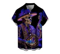 Men's Day of The Dead Shirt, Halloween Skeleton Graphic Hawaiian Button Down Casual Fashion Shirt, Long Sleeve Vintage Style Shirt for Holiday Party,S