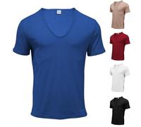 Men's Deep U-Neck T-Shirts UK Sale Clearance Man Knitted Strip Tops Short Sleeve T Shirt Round Neck Pullover Casual Plain Tshirts Stretch Muscle Tees Fitness T-Shirt Workout Top Breathable Shirts