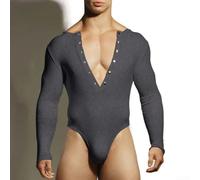 Men's Deep V-Neck Romper Long Sleeve Breathable Stretch Bodysuit Casual Solid Jumpsuit for Spring Lounge Wear Black Grey White(M Grey)