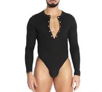 Men's Deep V-Neck Romper Long Sleeve Breathable Stretch Bodysuit Casual Solid Jumpsuit for Spring Lounge Wear Black Grey White(M Black)