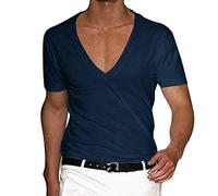 Men's Deep V Neck T-Shirt Low Cut Vneck Tee Invisible T-Shirt Vee Top Scoop Hem Plain Summer T-Shirt Stretch Muscle Gym Workout Low Cut Tank Top, navy, 3XL