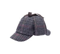 Mens Deerstalker Sherlock Holmes Cap Herringbone Houndstooth Tweed Wool Hat for Male (UK, Alpha, S, M, Grey Check)