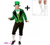 Mens Deluxe Leprechaun Costume + White Knee Socks St Patrick's Irish Fancy Dress