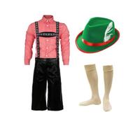 Mens Deluxe Oktoberfest Bavarian Costume Outfit with Hat and Socks | checkered shirt, lederhosen shorts, feathered hat, kilt socks, complete Oktoberfest set, sizes S-XXL