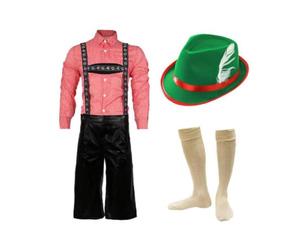 Mens Deluxe Oktoberfest Bavarian Costume Outfit with Hat and Socks | checkered shirt, lederhosen shorts, feathered hat, kilt socks, complete Oktoberfest set, sizes S-XXL