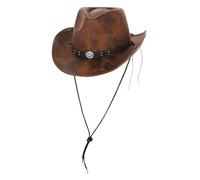 Mens Deluxe Quality Tan Leather Look Western Cowboy Hat Fancy Dress Brown