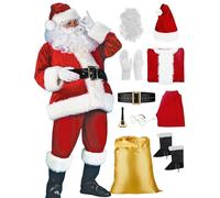 Men's Deluxe Santa Costume 10 Piece Set Complete Adult Father Christmas Suit with Hat, Boots Covers, Beard, Belt, Gloves, Father Christmas costume for Christmas Party, Role Play