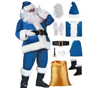 Men's Deluxe Santa Costume 10 Piece Set Complete Adult Father Christmas Suit with Hat, Boots Covers, Beard, Belt, Gloves, Father Christmas costume for Christmas Party, Role Play