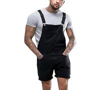 Mens Denim Bib Overall Shorts Rompers Loose Fit Stretchy Crimping Washed Distressed Denim Dungarees Retro Streetwear Workwear Walkshorts Playsuits