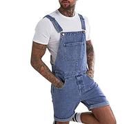 Mens Denim Bib Overall Shorts Rompers Loose Fit Stretchy Crimping Washed Distressed Denim Dungarees Retro Streetwear Workwear Walkshorts Playsuits