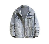 Mens Denim Jacket Ripped Jean Jacket Washed Classic Casual Distressed Coat Slim Fit Trucker Jacket Button-Down Cotton Military Lapel Windbreaker Outerwear with Flap Pocket