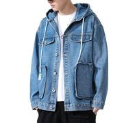 Mens Denim Jackets, Distressed Denim Jacket Men Blue Hooded Cargo Jacket Regular Fit Vintage Western Jacket Button Retro Washed Jeansjacke Cardigan Unisex Outwear Coat S- 3Xl,3Xl