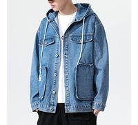 Mens Denim Jackets, Distressed Denim Jacket Men Blue Hooded Cargo Jacket Regular Fit Vintage Western Jacket Button Retro Washed Jeansjacke Cardigan Unisex Outwear Coat S- 3Xl,3Xl