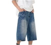 Men's Denim Jorts Wide Leg Bermuda Shorts Y2K Baggy Hip Hop Style Plus Size Cargo Loose Capri Jeans Cotton