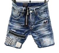 Men's Denim Pants, Checkered Patched Rugged Zipper Mid-Length Pants, Shorts Men's Buttoned Mid-Length Pants,A,30