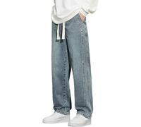 Men's Denim Pants Loose Fit Jeans Drawstring Elastic Waist Baggy Trousers Straight Wide Leg Denim Jeans Pants Casual Street Lightweight Trousers Leisure Workwear