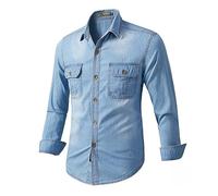 Men's Denim Shirt Denim Shirt Long Sleeve Shirt Cowboy Style Collar Business Casual Men Casual Shirt Pocket Decoration Long Mens Sleeve Shirt A-Light Blue L