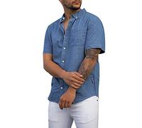 Mens Denim Shirt Short Sleeve Button Down Cowboy Casual Big and Tall Compression Fit Tshirts Pockets Oversized Shirt Blue