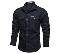 Men's Denim Shirt with Press Studs, Traditional Shirts for Men, Green, Plain Lapels, Shirt Strip with Chest Pocket, Cotton Big Shirt Plus, Outdoor Long Sleeve Shirts, Men Washed, blue, XXL