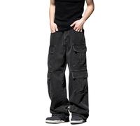 Mens Designer Cargo Combat Jeans with Multi Pocket Denim Pants Wide Leg Straight Leg Activewear Trousers Baggy Smart Men's Skater Streetwear Black L