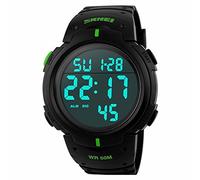 Mens Digital Sports Watch LED Screen Large Face Military Waterproof Casual Luminous Stopwatch Alarm Simple Army Watch, Green
