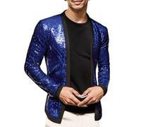 Men's Disco Metal Blazer with Sequins Cocktail Clothes for Carnival Party Long Sleeve Button Shirt Man Lightning for Show Night Elegant Male Fashion, blue, XXL