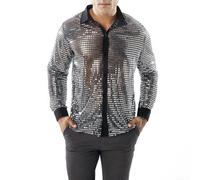 Mens Disco Party Shirts Long Sleeve with Sparkly Sequins Retro 70s Nightclub Dance Tops (M Silver)