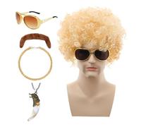 Men's Disco Wig Men's 70s Costume Wig - 5 Piece Disco Accessory Costume Set | Costume Accessories for 60s Hippie Costume Cosplay, Includes Wig, Moustache, Hip Hop Chain