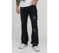 Men's Distressed Applique Gusset Raw Hem Stacked Flared Jeans | Washed Black | Size 32 | BOOHOOMAN