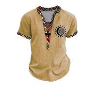 Men's Distressed Henley Shirt Ethnic Style Stand Collar Button T Shirt Vintage Distressed Motorcycle Biker Pullover Tops Khaki