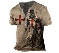 Men's Distressed Henley Shirt Knight Templar 3D Printed Short Sleeve T Shirts Vintage Casual Sports Tshirt Tops