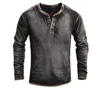 Men's Distressed Henley Shirt Long Sleeve Pullover with Front Placket Retro Washed Finish Casual Button Down Top for Everyday Wear(Black, S)