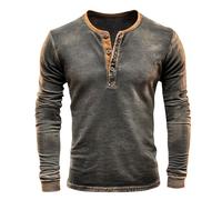Men's Distressed Henley Shirt Long Sleeve Pullover with Front Placket Retro Washed Finish Casual Button Down Top for Everyday Wear(Grey, L)
