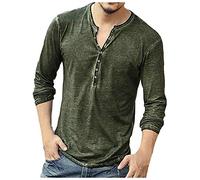 Mens Distressed Henley Shirts Front Placket Retro Long Sleeve Tee Shirts V Neck Casual Button Up Washed T-Shirts Green