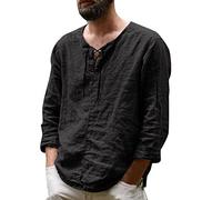 Mens Distressed Henley Shirts Lace Up 3/4 Long Sleeve Pirate Shirts V Neck Casual Beach Renaissance Viking Shirts(Black,Large)