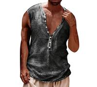 Mens Distressed Henley Shirts Retro Sleeveless Tank Top Summer Workout Muscle Tee Shirts Casual Button Down Washed T-Shirts(Dark Gray,Large)
